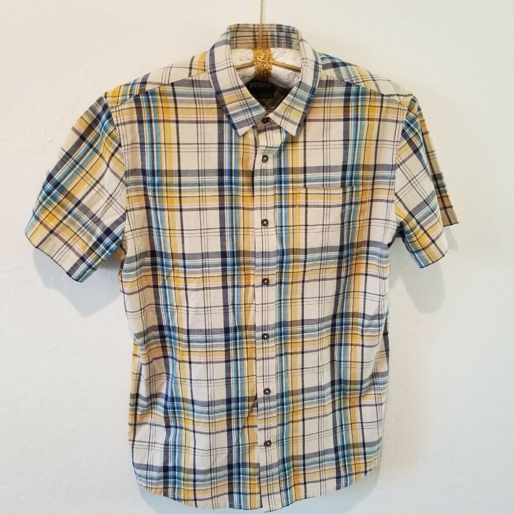 Prana Men's Casual Button Up Plaid Shirt Pocket Multicolor Medium Short Sleeve